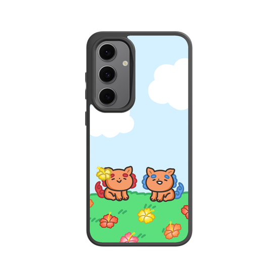 lion dogs in a hibiscus field