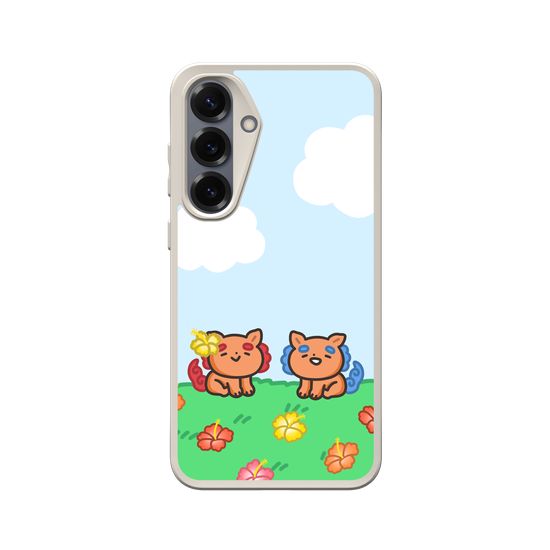 lion dogs in a hibiscus field