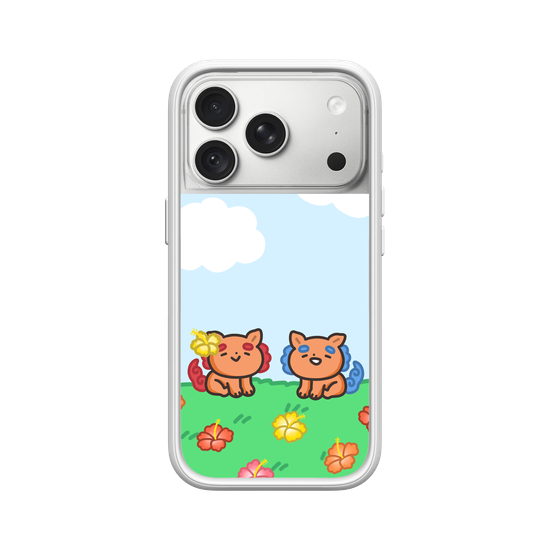 lion dogs in a hibiscus field