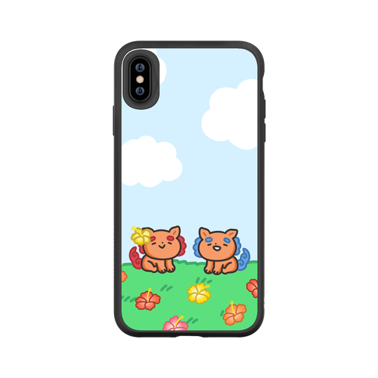 lion dogs in a hibiscus field